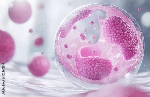 A pink, circular cell with cells floating in the air. The background is a gray and white gradient photo