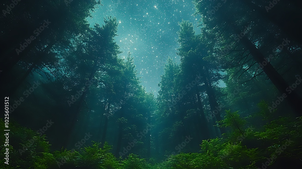 A view of a starry night sky through the tall trees of a misty forest. A view of a starry night sky through the tall trees of a misty forest.