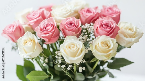 Elegant Bouquet of Pink and White Roses with Baby's Breath on a Soft Background