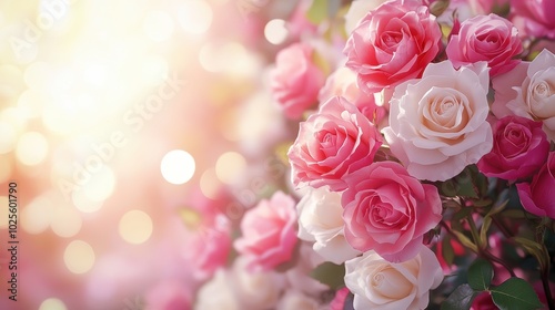 Beautiful Pink and White Roses in Bloom with Soft Sunlight and Bokeh Background in a Serene Garden Setting