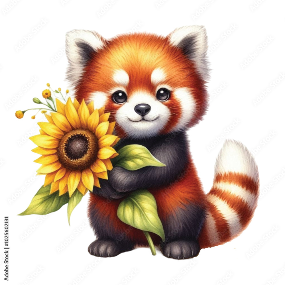 Obraz premium Red panda holding a sunflower clipart watercolor