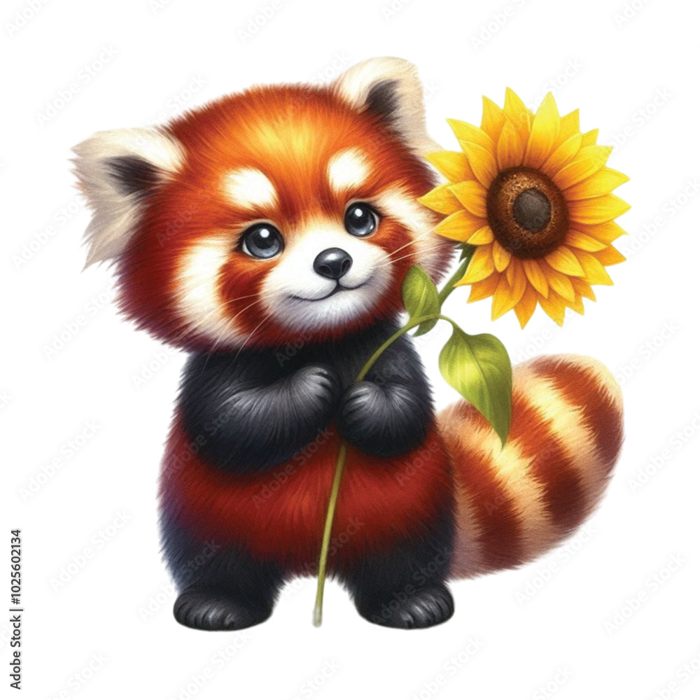 Obraz premium Red panda holding a sunflower clipart watercolor
