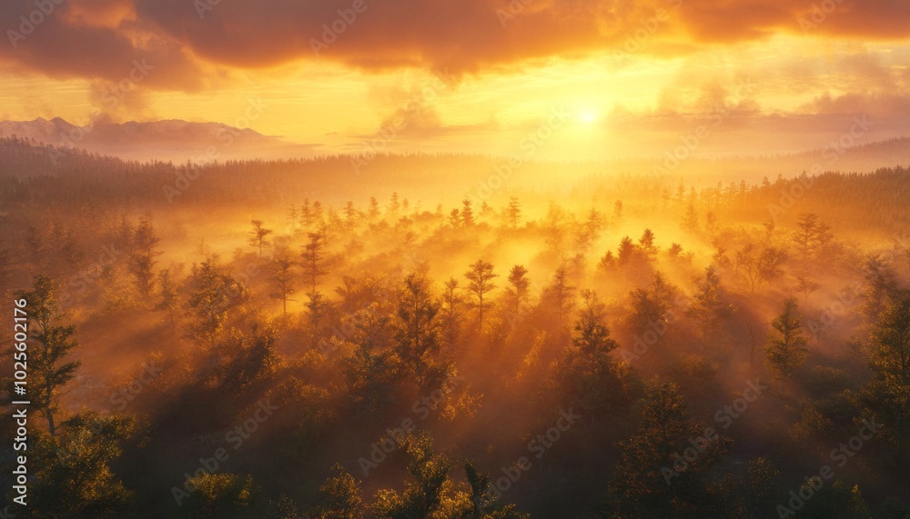 A breathtaking aerial view of a dense forest bathed in the golden glow of a sunrise, with mist rising from the trees and the sun peeking through the clouds. A breathtaking aerial view of a dense forest bathed in the golden glow of a sunrise, with mist rising from the trees and the sun peeking through the clouds.