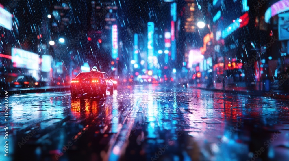 Obraz premium Raindrops on a city street at night, illuminated by the glow of streetlights and the wet pavement reflecting the city quiet energy.