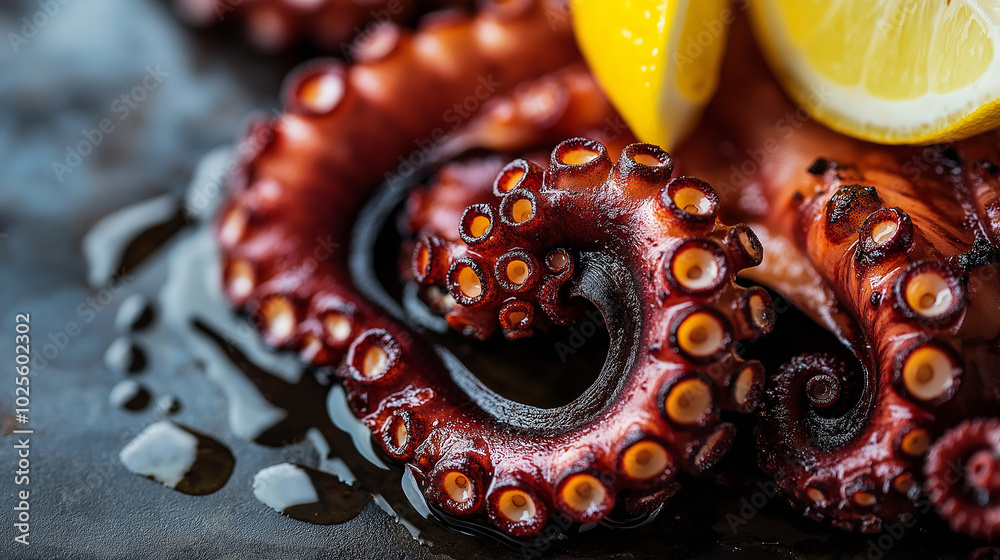 Grilled octopus tentacle with charred edges, served in a dramatic minimalist style with a single lemon wedge