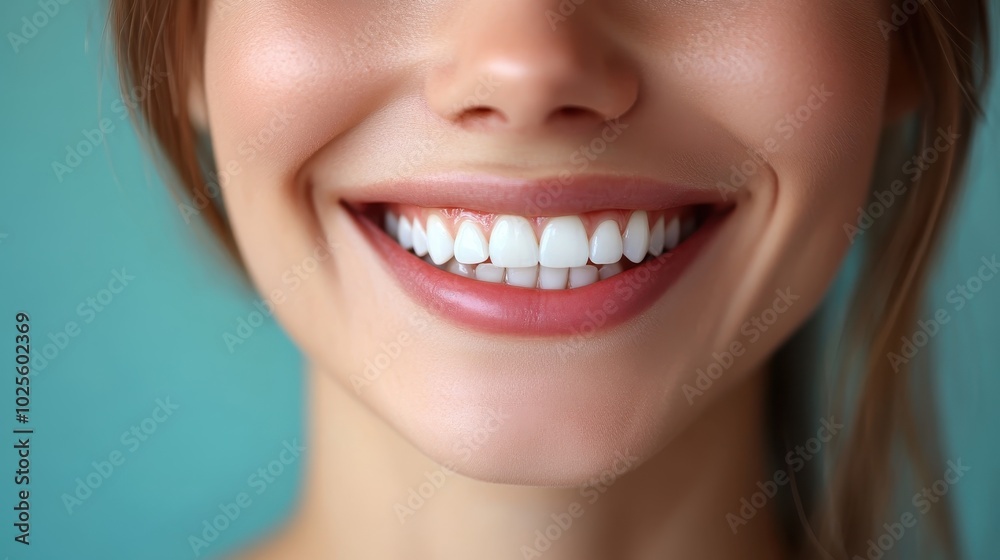 Bright Smiling Woman with Perfect White Teeth Against a Soft Turquoise Background, Close-Up of a Happy Expression Bright Smiling Woman with Perfect White Teeth Against a Soft Turquoise Background, Close-Up of a Happy Expression