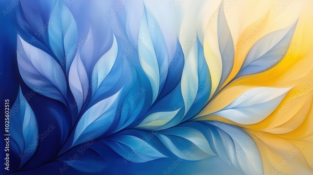 Abstract Blue and Yellow Leaf Pattern with Gradient Background in Modern Artistic Style Abstract Blue and Yellow Leaf Pattern with Gradient Background in Modern Artistic Style