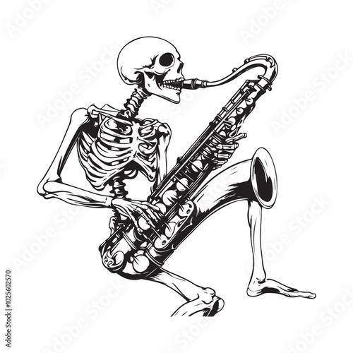 Skeleton Musician Playing a Saxophone in Monochrome Style Illustration on white background.