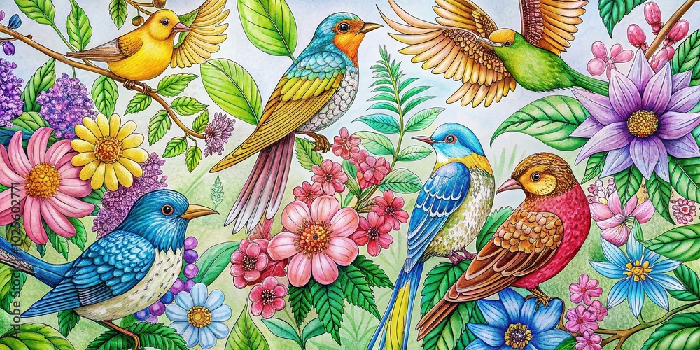 Obraz premium Intricate Birds and Flowers Coloring Pages for Relaxation and Creativity in Art Therapy Activities