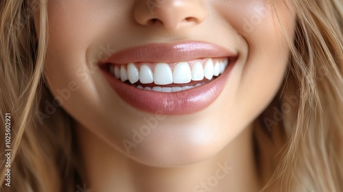 Close-Up of a Smiling Woman with Perfect White Teeth and Glossy Lips in Natural Light