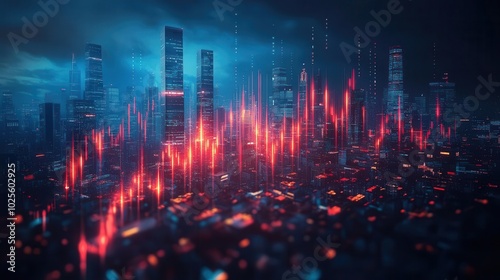 dynamic stock market scene with a digital financial chart displayed over a bustling city skyline symbolizing investment opportunities and economic activity