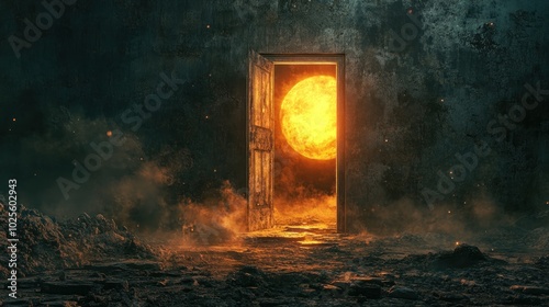 An open door reveals a fiery, ethereal landscape with a glowing sun beyond.