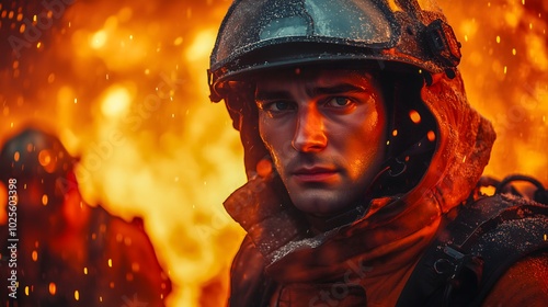 brave, tired firefighter in front of a big fire