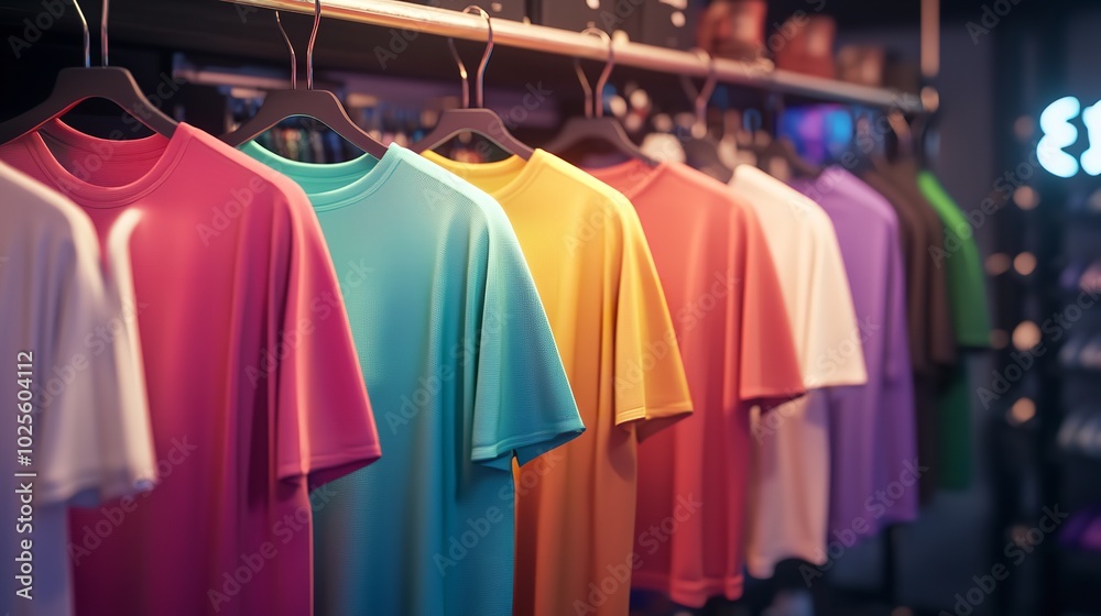 A few black t-shirts are hanging on a rack in a room. The room has a bright, sunny atmosphere and a potted plant in the corner A few black t-shirts are hanging on a rack in a room. The room has a bright, sunny atmosphere and a potted plant in the corner
