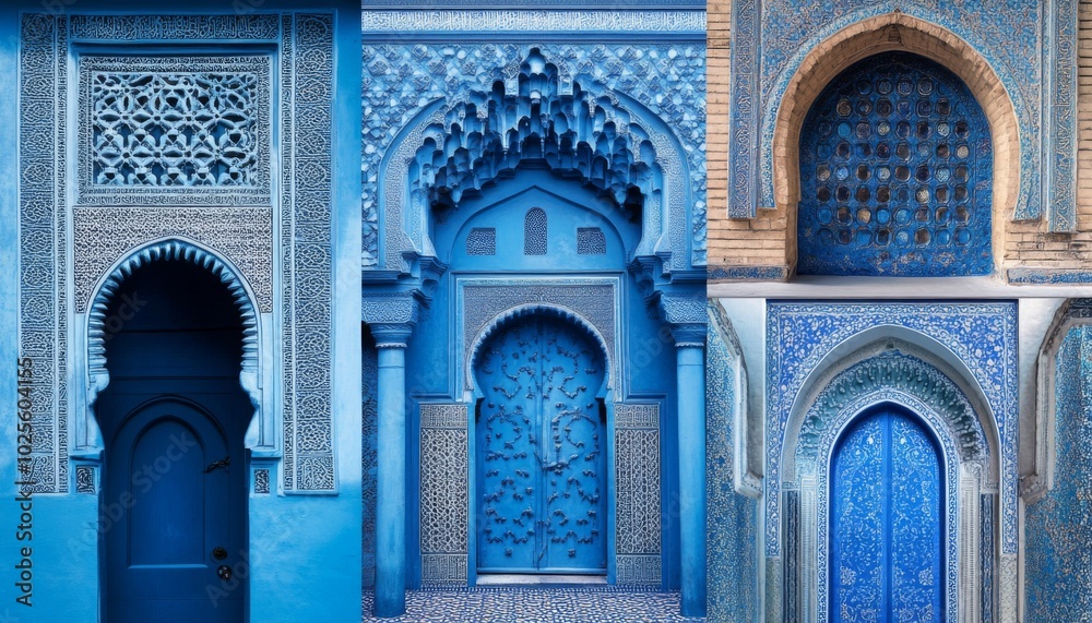 Obraz premium A collage of ornate blue doors in a Moroccan architectural style.