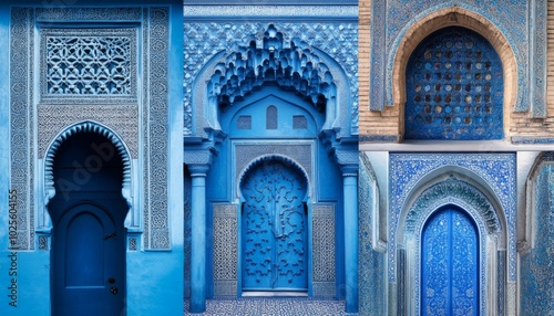 A collage of ornate blue doors in a Moroccan architectural style.