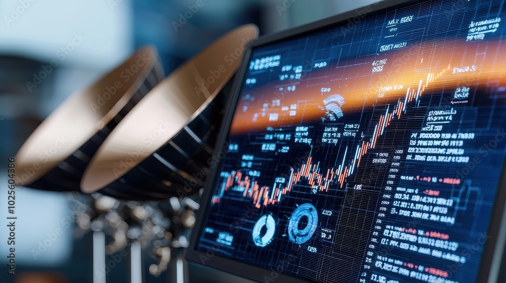Fototapeta premium Financial Data and Technology Concept Stock Market Chart and Satellite Dishes
