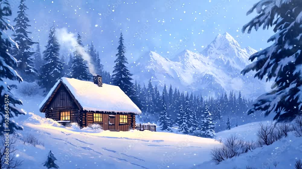 A peaceful winter scene unfolds as snowflakes dance around a quiet mountain cabin. Looping 4k video animation background A peaceful winter scene unfolds as snowflakes dance around a quiet mountain cabin. Looping 4k video animation background