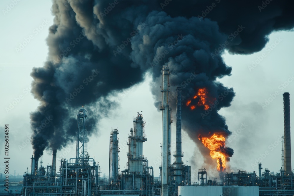 Fossil fuels burning at an industrial plant, with thick black smoke billowing into the sky, symbolizing the environmental toll of fossil fuel pollution Fossil fuels burning at an industrial plant, with thick black smoke billowing into the sky, symbolizing the environmental toll of fossil fuel pollution