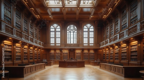 empty courtroom exuding a sense of solemnity and authority showcasing polished wood furnishings high ceilings and intricate architectural details that create a dramatic and contemplative atmosphere