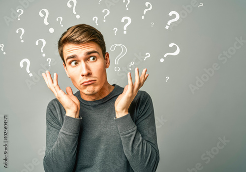 Confused young man shrugging with question marks - decision making concept