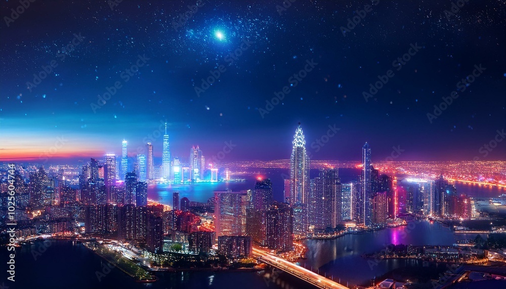 Obraz premium Landmarks shine brightly under the stars. 