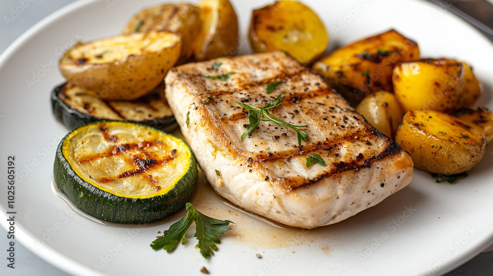 Grilled swordfish steak served with grilled zucchini and roasted potatoes on a clean white plate Grilled swordfish steak served with grilled zucchini and roasted potatoes on a clean white plate