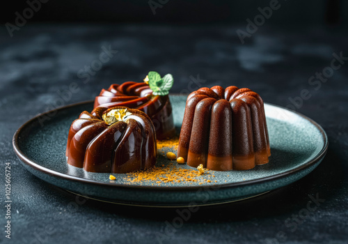 Chocolate jelly desserts on plate with elegant garnish for gourmet food presentation photo