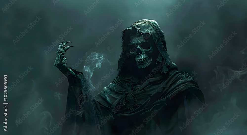 Spooky silhouette of a hooded reaper holding a skull in misty fog. Symbolizing death, darkness, and the afterlife. Haunting atmosphere, perfect for horror or Halloween themes Spooky silhouette of a hooded reaper holding a skull in misty fog. Symbolizing death, darkness, and the afterlife. Haunting atmosphere, perfect for horror or Halloween themes