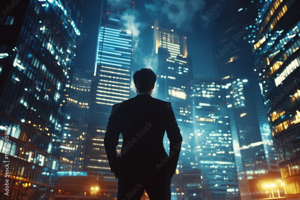Businessman looking at city skyline at night Businessman looking at city skyline at night