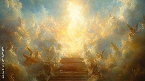 A stairway to heaven with clouds and angels, bathed in golden light.