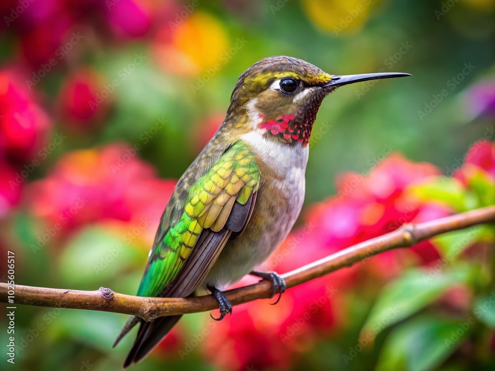 Fototapeta premium Juvenile Ruby-throated Hummingbird perched on a branch in vibrant natural garden setting