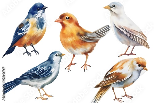 A beautiful set of hand-painted watercolor illustrations of different bird species in vibrant colors.