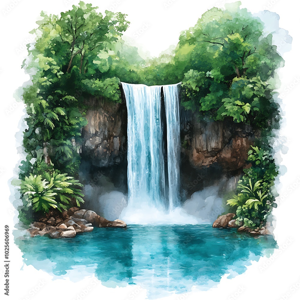 Naklejka premium Watercolor Painting of a Tranquil Waterfall in a Lush Jungle Setting.