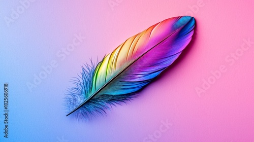 Ethereal Beauty: Stylized Feather with Iridescent Colors on Rainbow Gradient Background