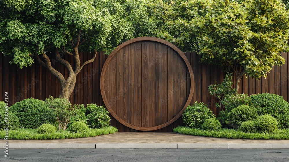 Naklejka premium Circular Wooden Signboard Mockup in Lush Garden Setting