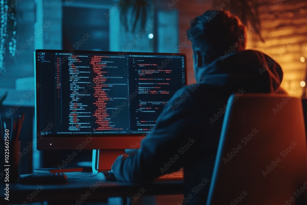 Developer coding on computer in dark room Developer coding on computer in dark room