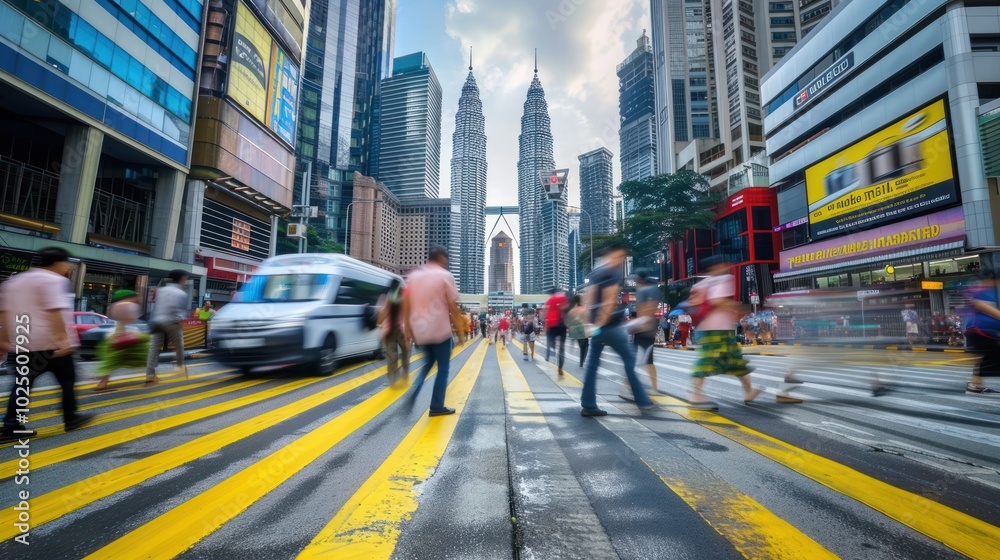 Blurred People Crossing Street in City with Tall Buildings Blurred People Crossing Street in City with Tall Buildings