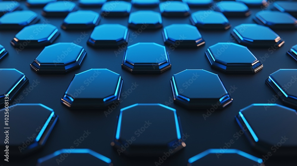 Fototapeta premium Illuminated Blue Hexagonal Pattern on Dark Metallic Background in Modern Studio Setting