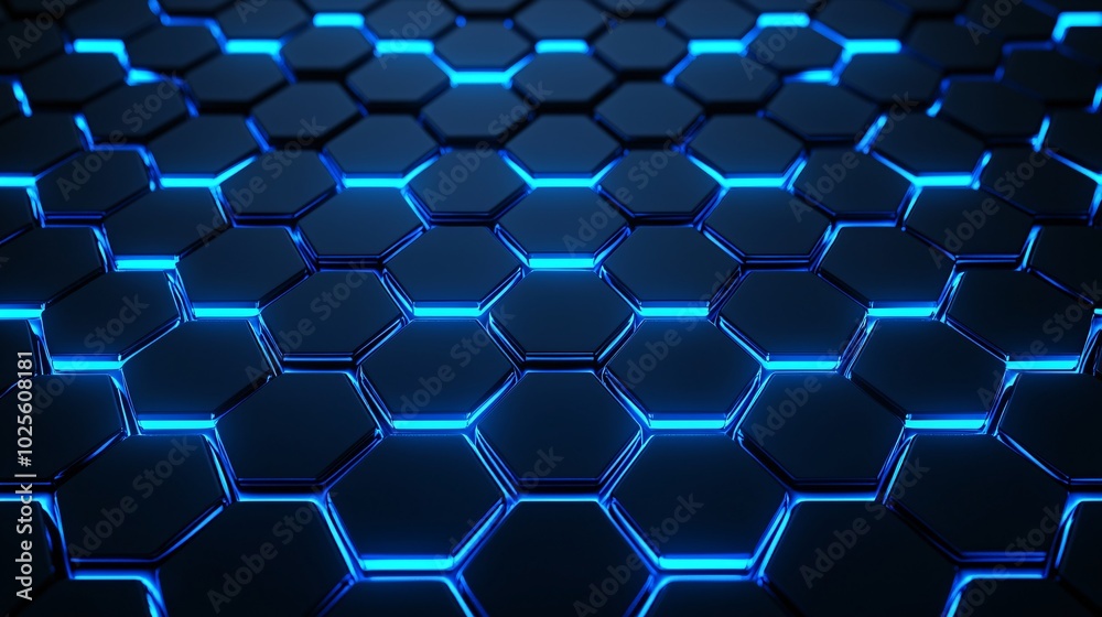 Illuminated Blue Hexagons Interconnected in Modern Studio Setting Illuminated Blue Hexagons Interconnected in Modern Studio Setting