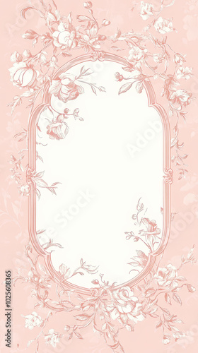 Aesthetic invitation card with frame in toile de jouy vintage floral pastel red and pink, copy space. Generative AI