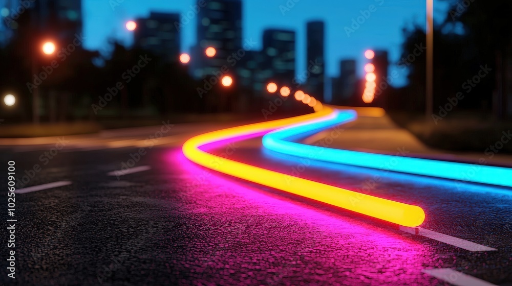 Obraz premium Neon Lights Cityscape Night Road Asphalt Background