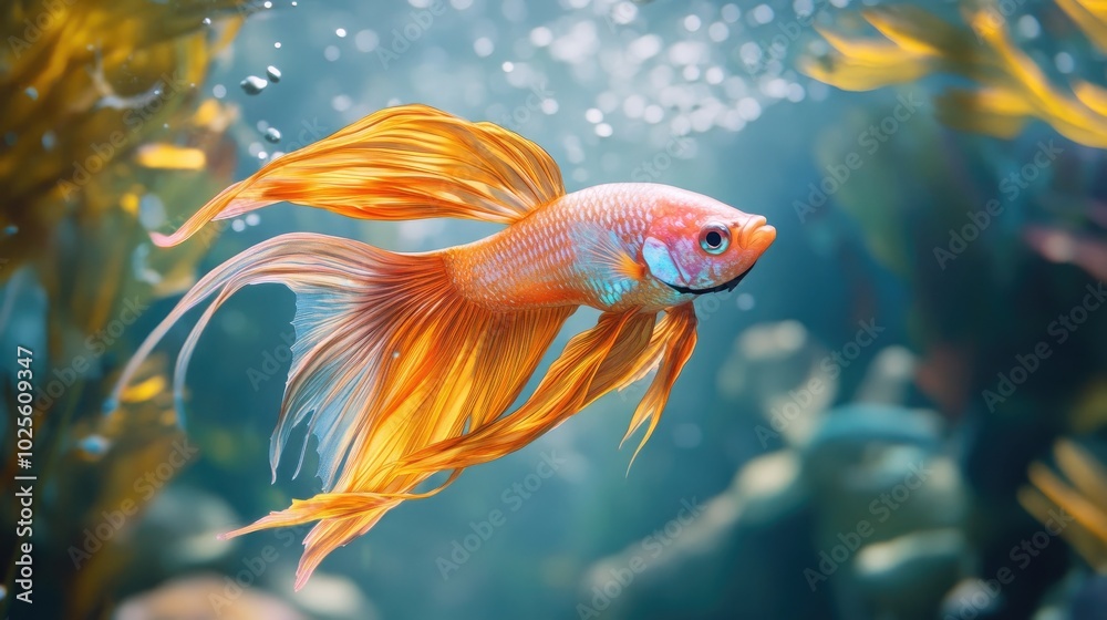 A fantasy fish with long, vibrant fins and shimmering scales, swimming elegantly in clear water, surrounded by an enchanting underwater environment