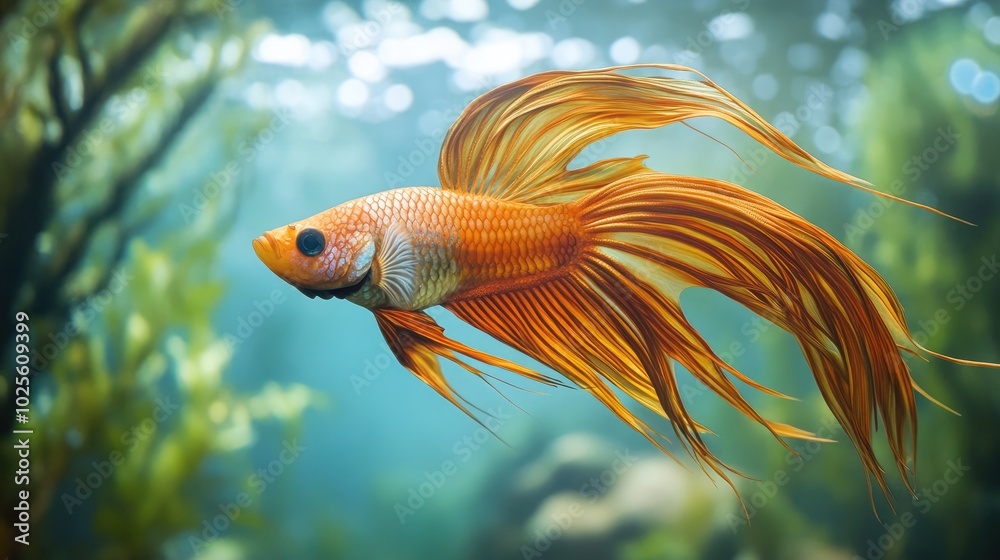 A fantasy fish with long, vibrant fins and shimmering scales, swimming elegantly in clear water, surrounded by an enchanting underwater environment A fantasy fish with long, vibrant fins and shimmering scales, swimming elegantly in clear water, surrounded by an enchanting underwater environment