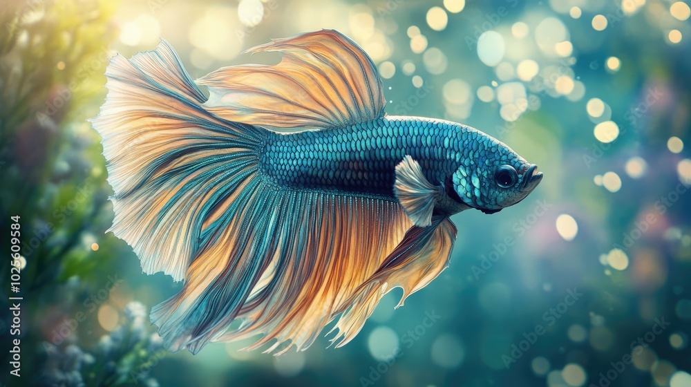 A majestic fish from a fantasy realm, adorned with exotic fins and iridescent scales, gliding through clear water in an ethereal setting A majestic fish from a fantasy realm, adorned with exotic fins and iridescent scales, gliding through clear water in an ethereal setting
