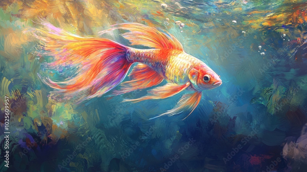 Naklejka premium A vibrant fish with long, flowing tail fins and radiant colors, gracefully moving through clear water, evoking a sense of serenity and magic