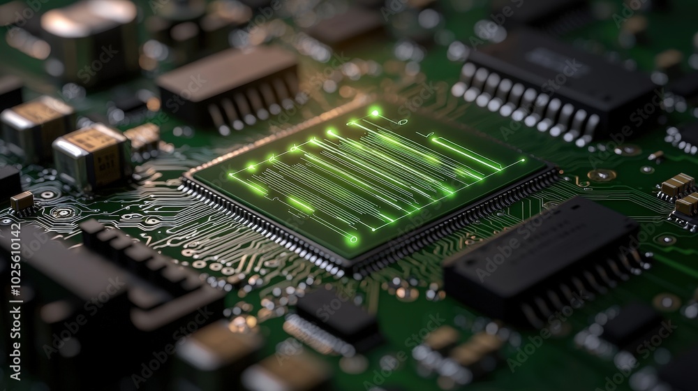 Digital Data Transfer Green Light Pulses on Circuit Board Digital Data Transfer Green Light Pulses on Circuit Board