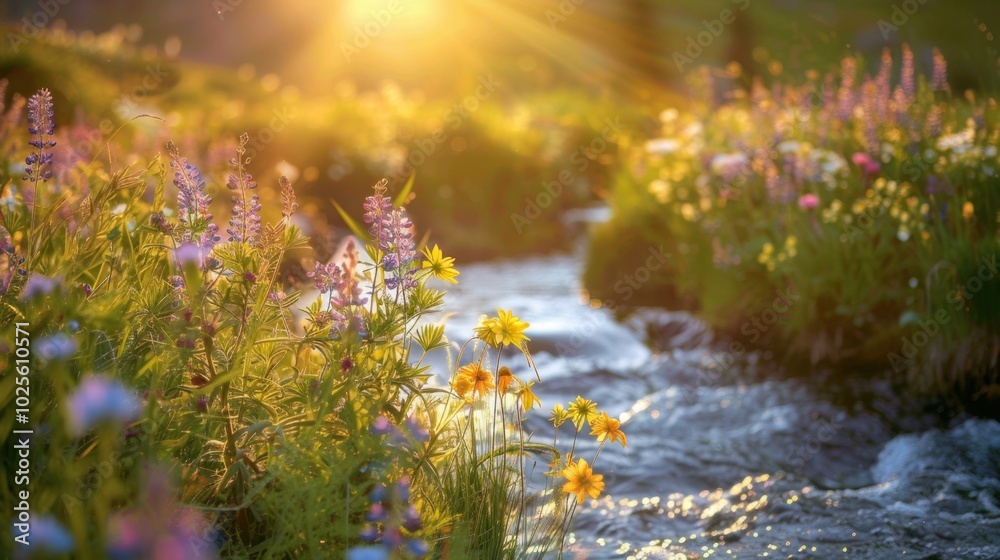 Obraz premium Serene River Flowing Through Colorful Wildflower Meadow