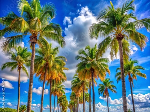 Lush Palm Trees in Florida Under Bright Blue Skies - A Tropical Paradise Ideal for Relaxation and Scenic