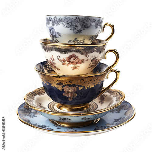 Beautifully stacked vintage teacups and saucers featuring intricate floral designs